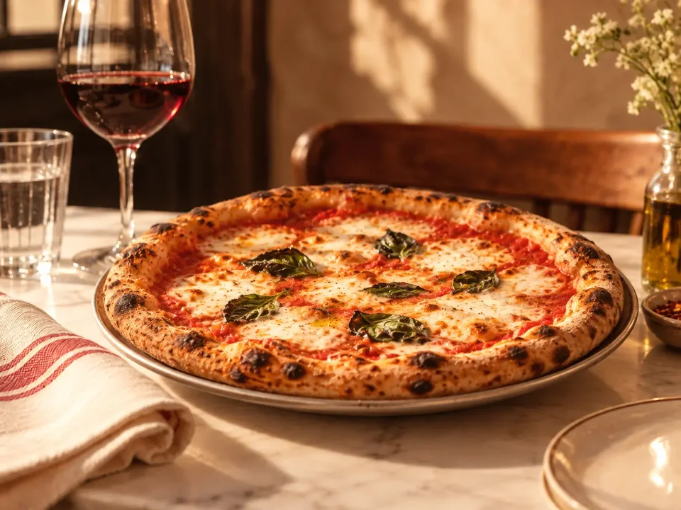 Illustrative photograph of a whole margherita pizza.