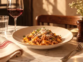 Illustrative photograph of pasta with ragù and a glass of red wine.