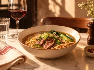 Illustrative photograph of Asian noodle soup.