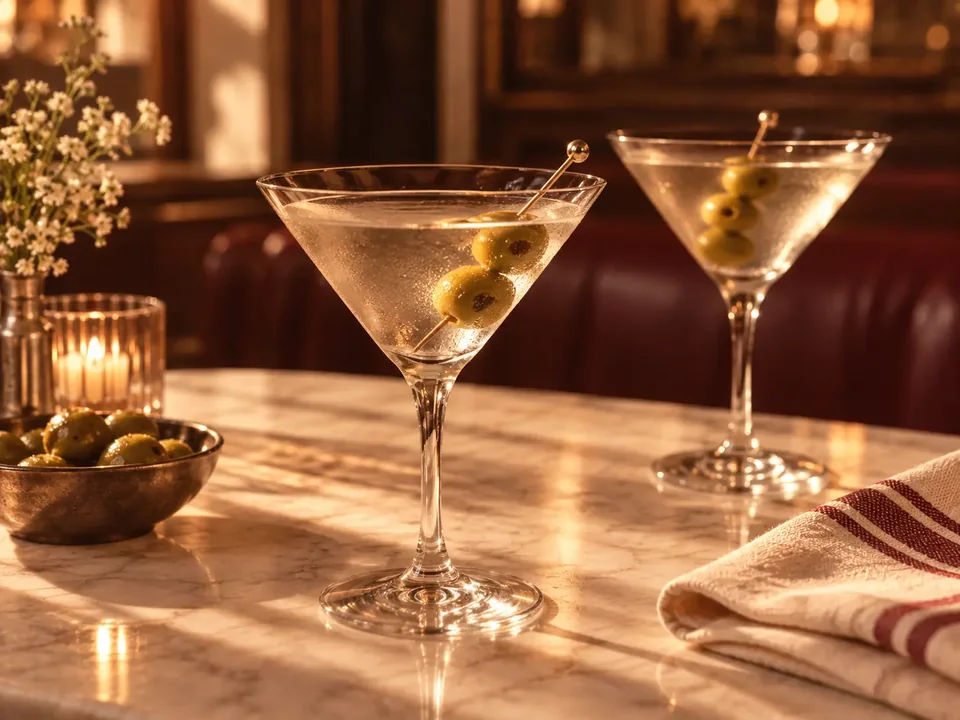 Illustrative photograph of classic martinis with olives.