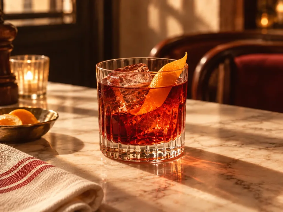 Illustrative photograph of a Negroni cocktail.