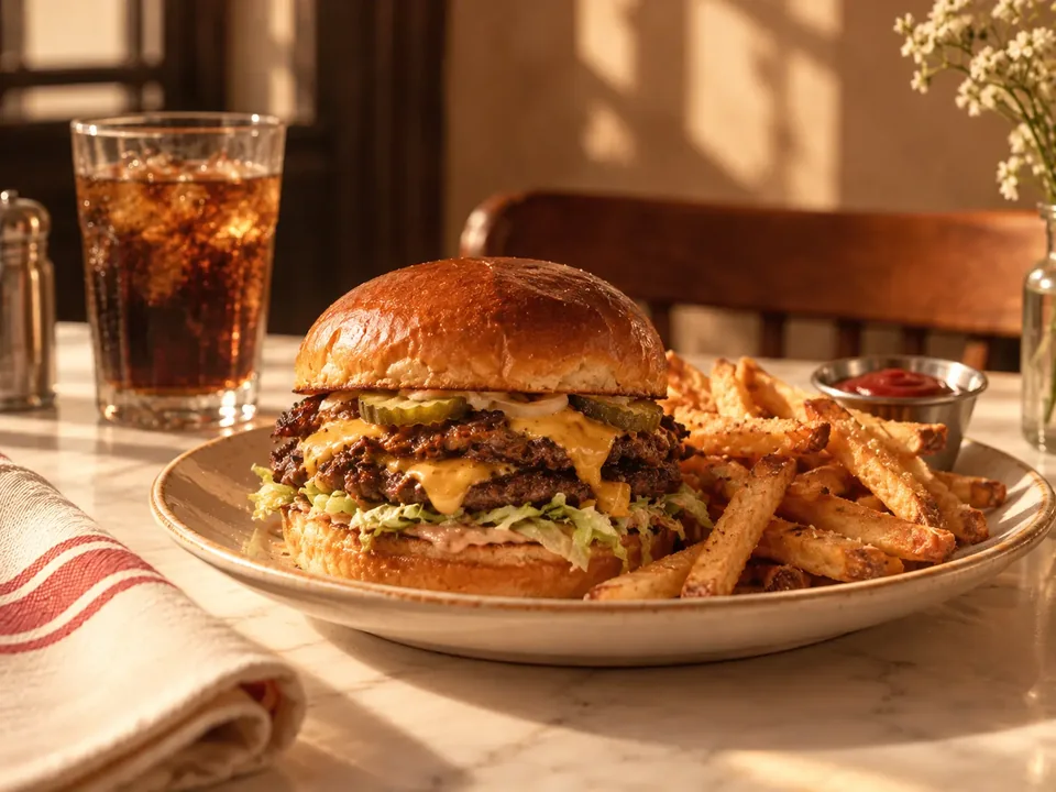 Illustrative photograph of a cheeseburger and fries.