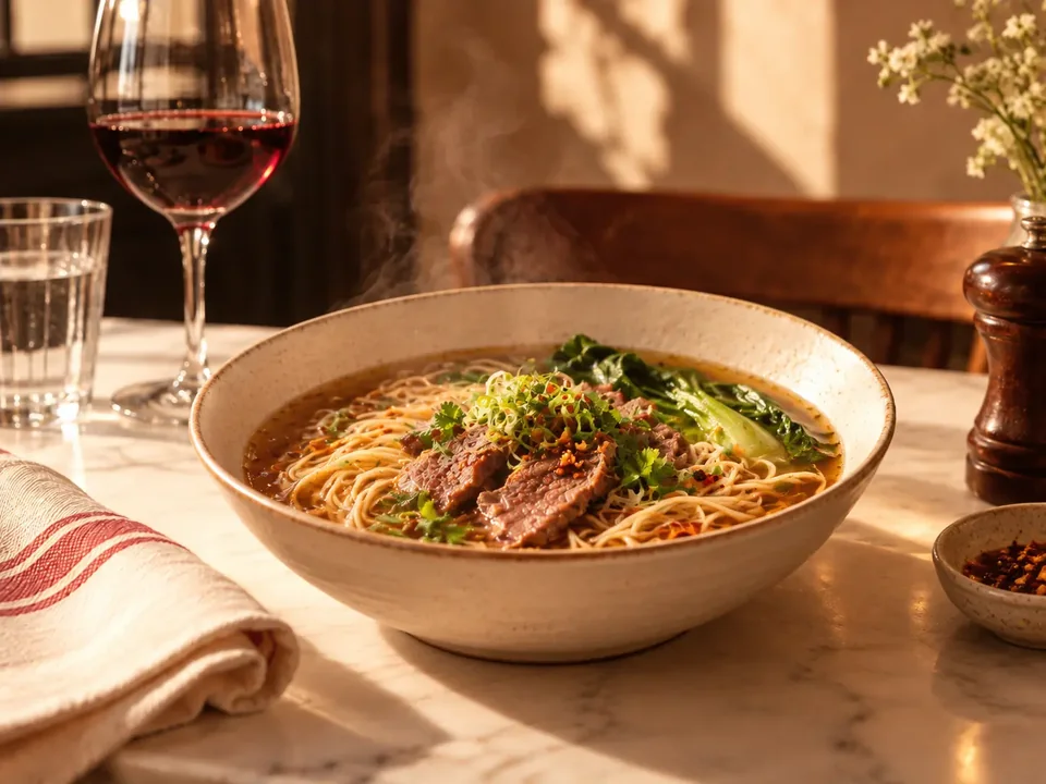 Illustrative photograph of Asian noodle soup.